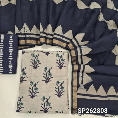 Greyish beige base printed silk cotton unstitched salwar material,(lining needed)dark blue batik dyed cotton bottom,batik dyed silk cotton dupatta(TAPPING NEEDED). SP262808