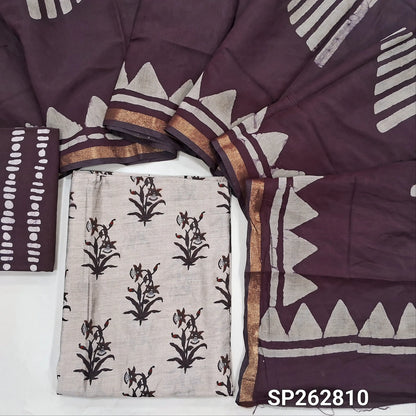Greyish beige base printed silk cotton unstitched salwar material,(lining needed)dark maroon batik dyed cotton bottom,batik dyed silk cotton dupatta(TAPPING NEEDED). SP262810