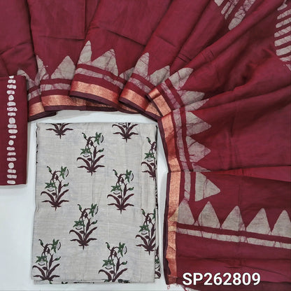 Greyish beige base printed silk cotton unstitched salwar material,(lining needed)reddish maroon batik dyed cotton bottom,batik dyed silk cotton dupatta(TAPPING NEEDED). SP262809