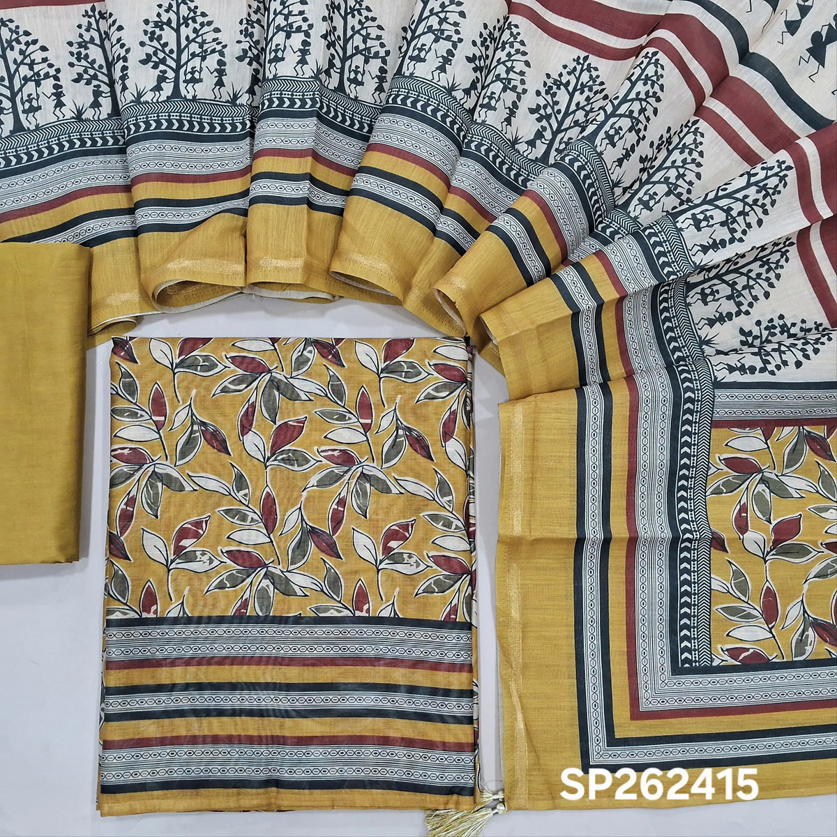 Mehandhi yellow digital printed silk cotton unstitched salwar material(lining needed)silk cotton bottom, warli printed silk cotton dupatta. SP262415