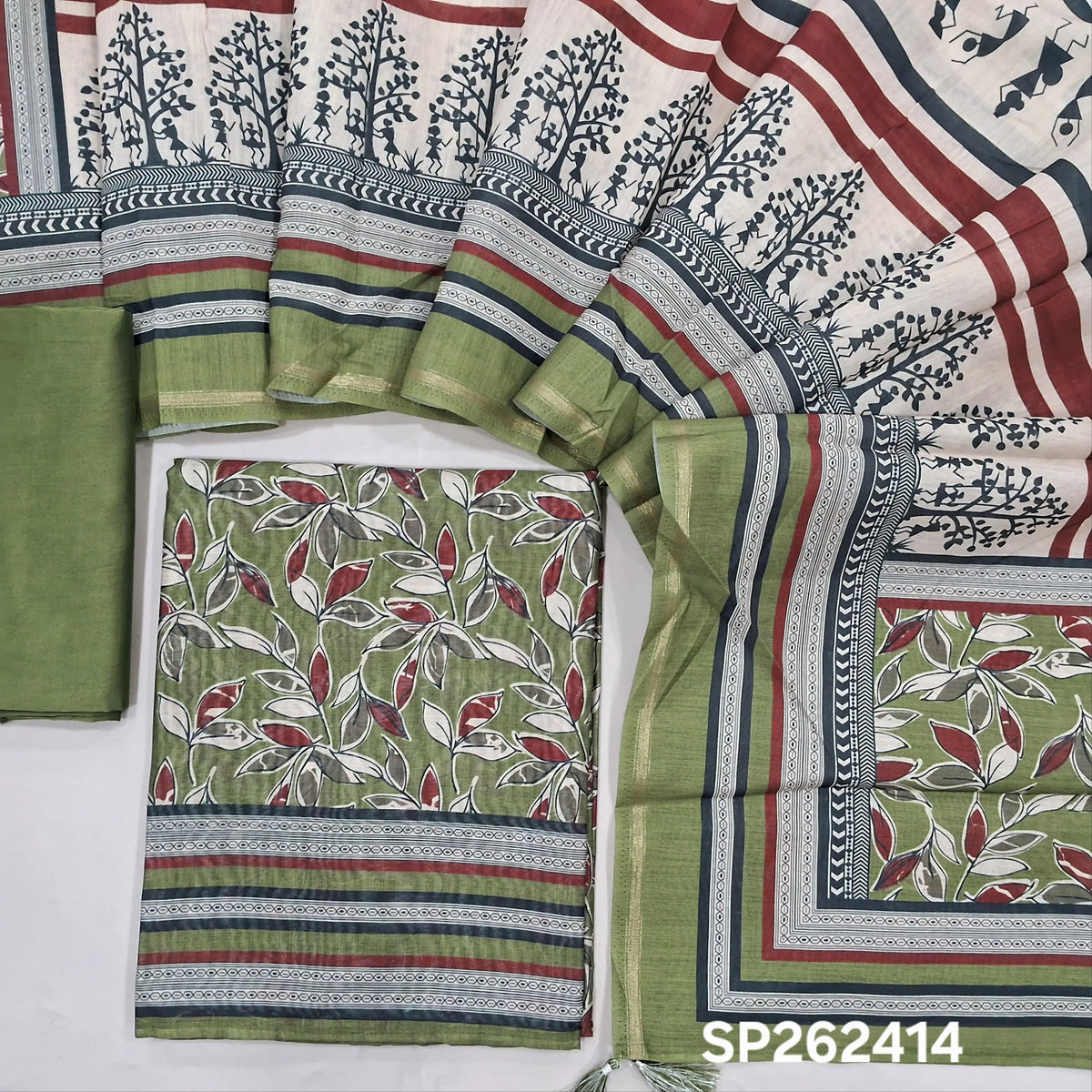 Sage green digital printed silk cotton unstitched salwar material(lining needed)silk cotton bottom, warli printed silk cotton dupatta. SP262414