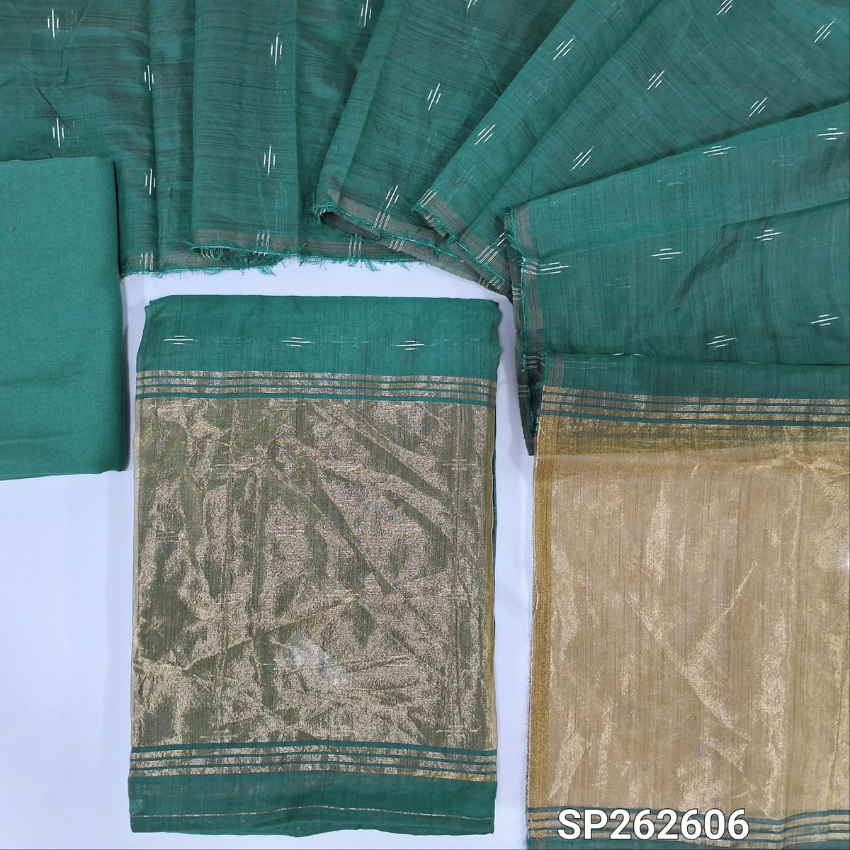 Dark teal green silk cotton unstitched salwar material,thread weaving all over, tissue daman,(Thin, Lining Needed)silky bottom,thread woven on silk cotton dupatta with tissue pallu. SP262605