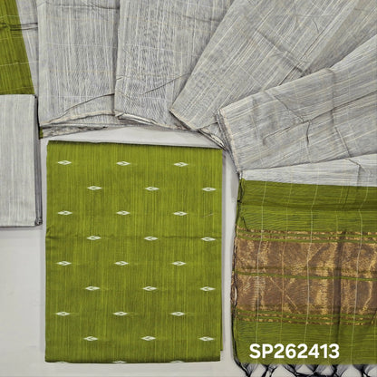 Leafy green slub silk cotton unstitched salwar material, thread woven buttas all over, (textured,lining needed)greyish beige slub silk cotton bottom, thread woven lines on dual shaded silk cotton dupatta with tissue pallu. SP262413