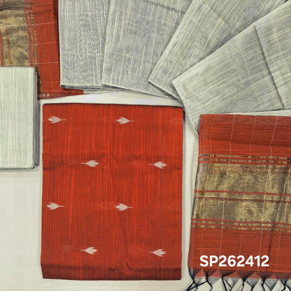 Bright rust orange slub silk cotton unstitched salwar material, thread woven buttas all over, (textured,lining needed)greyish beige slub silk cotton bottom, thread woven lines on dual shaded silk cotton dupatta with tissue pallu. SP262412