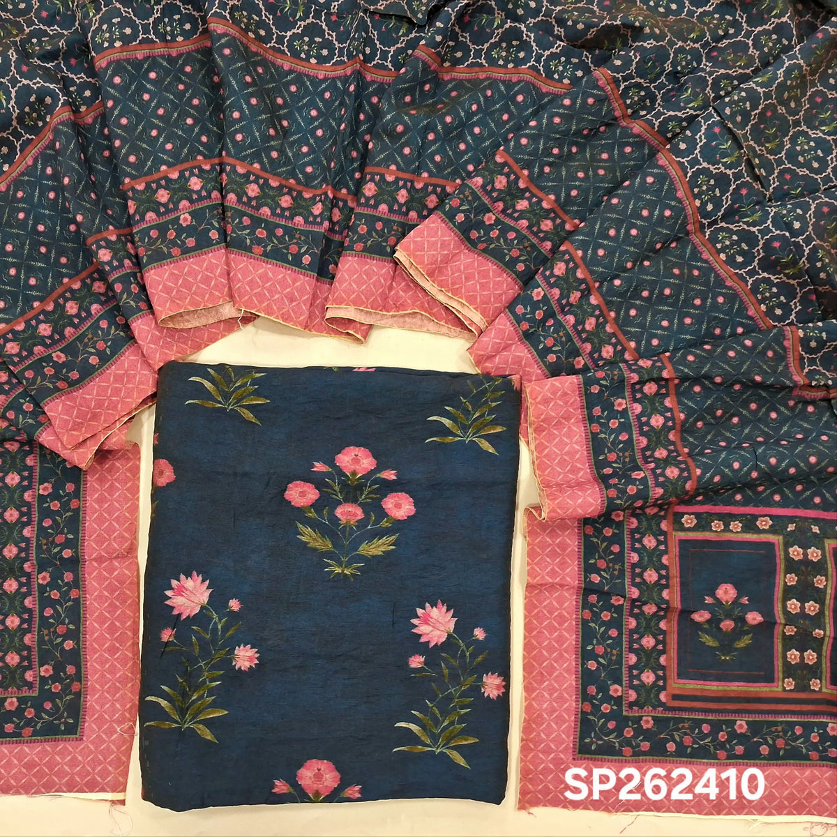 Dark blue digital printed mogra chanderi unstitched salwar material (Crinkled, Lining Needed) No Bottom, digital printed mogra chanderi dupatta. SP262410