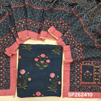 Dark blue digital printed mogra chanderi unstitched salwar material (Crinkled, Lining Needed) No Bottom, digital printed mogra chanderi dupatta. SP262410
