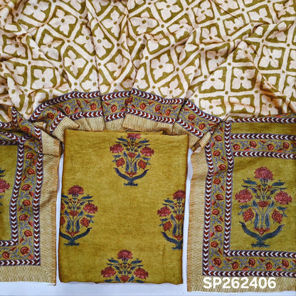 Mehandhi yellow digital printed mogra chanderi unstitched salwar material (Crinkled, Lining Needed) No Bottom, digital printed mogra chanderi dupatta. SP262406