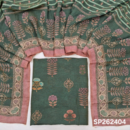 Dark green digital printed mogra chanderi unstitched salwar material (Crinkled, Lining Needed) No Bottom, digital printed mogra chanderi dupatta. SP262404