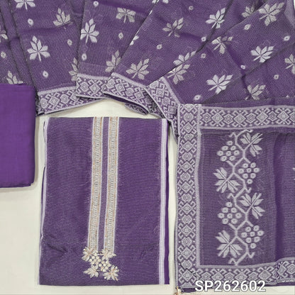 Violet benarasi tissue silk unstitched salwar material,panel design,thread woven design,tissue lines & cut bead work on yoke,( Lining Needed)santoon bottom, thread and zari weaving on benarasi tissue silk dupatta with rich pallu & borders. SP262602