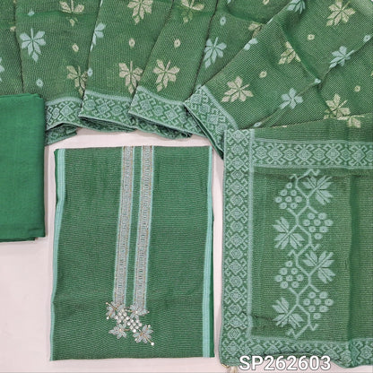 Bottle green benarasi tissue silk unstitched salwar material,panel design,thread woven design,tissue lines & cut bead work on yoke,( Lining Needed)santoon bottom, thread and zari weaving on benarasi tissue silk dupatta with rich pallu & borders. SP262603