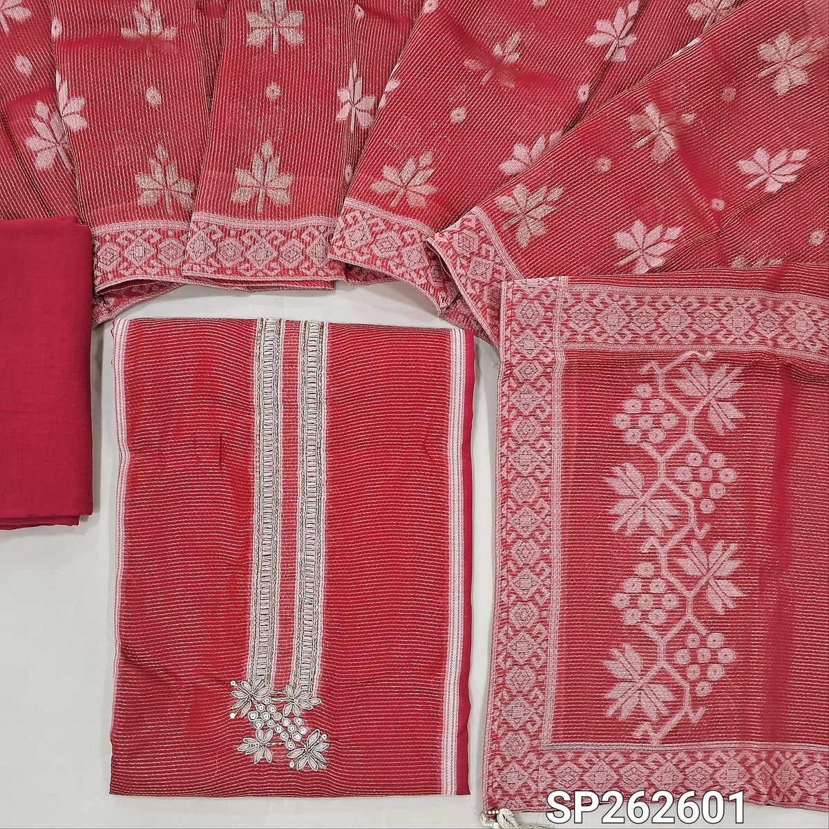 Dark pink benarasi tissue silk unstitched salwar material,panel design,thread woven design,tissue lines & cut bead work on yoke,( Lining Needed)santoon bottom, thread and zari weaving on benarasi tissue silk dupatta with rich pallu & borders. SP262601