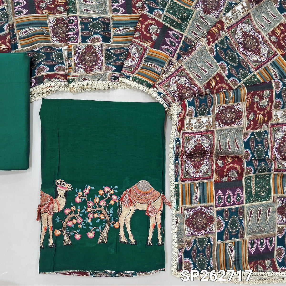 Dark teal green mul chanderi unstitched salwar material,printed taping & tassles on yoke,camel design with embroidery work on daman,( lining needed)silk cotton bottom, multicoloured digital printed crinkled chinon silk dupatta with lace tapping. SP262717