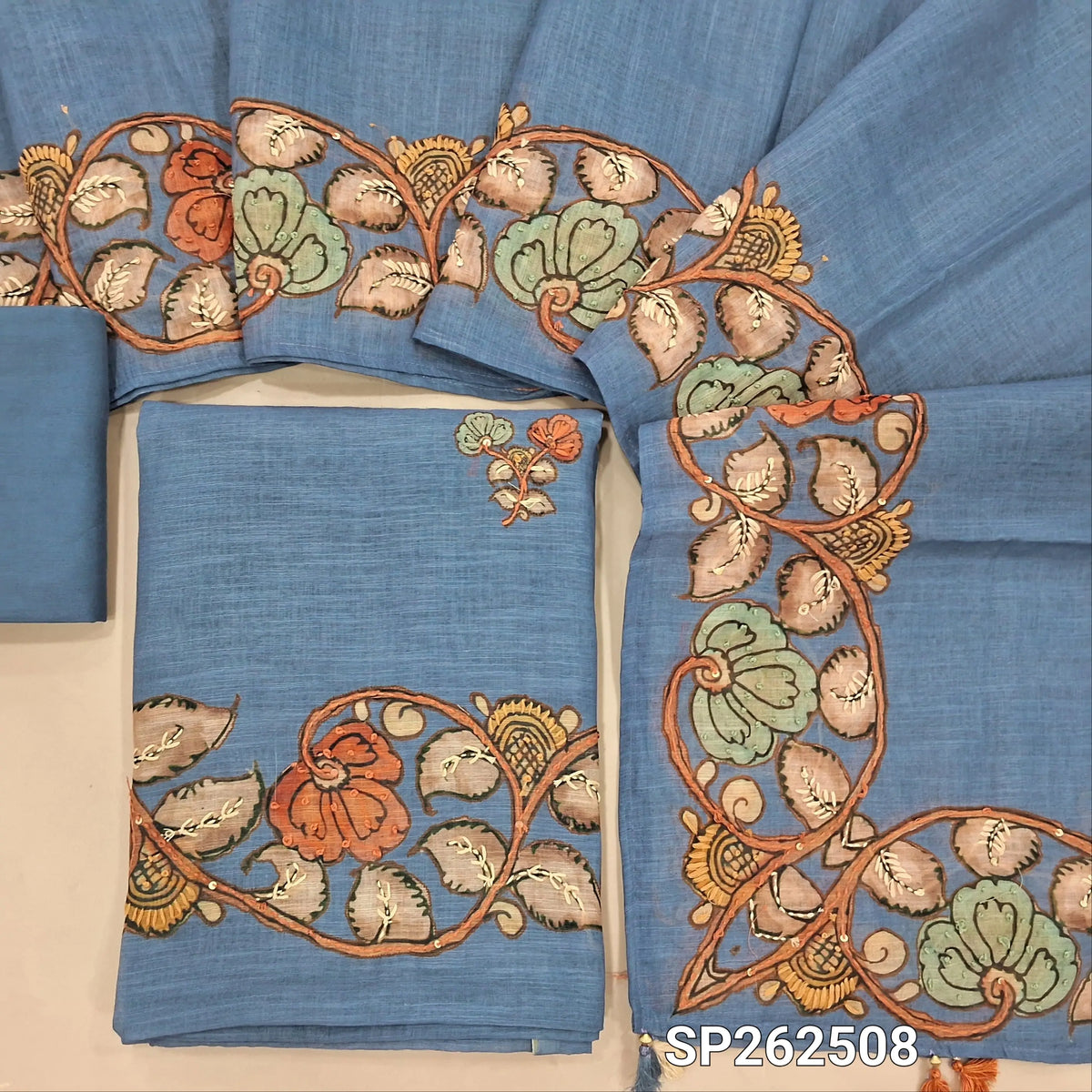 Blueish grey premium linen salwar material,floral design with hand embroidery work on front & daman  ( lining needed)santoon bottom, linen dupatta with hand embroidery & floral borders. SP262508