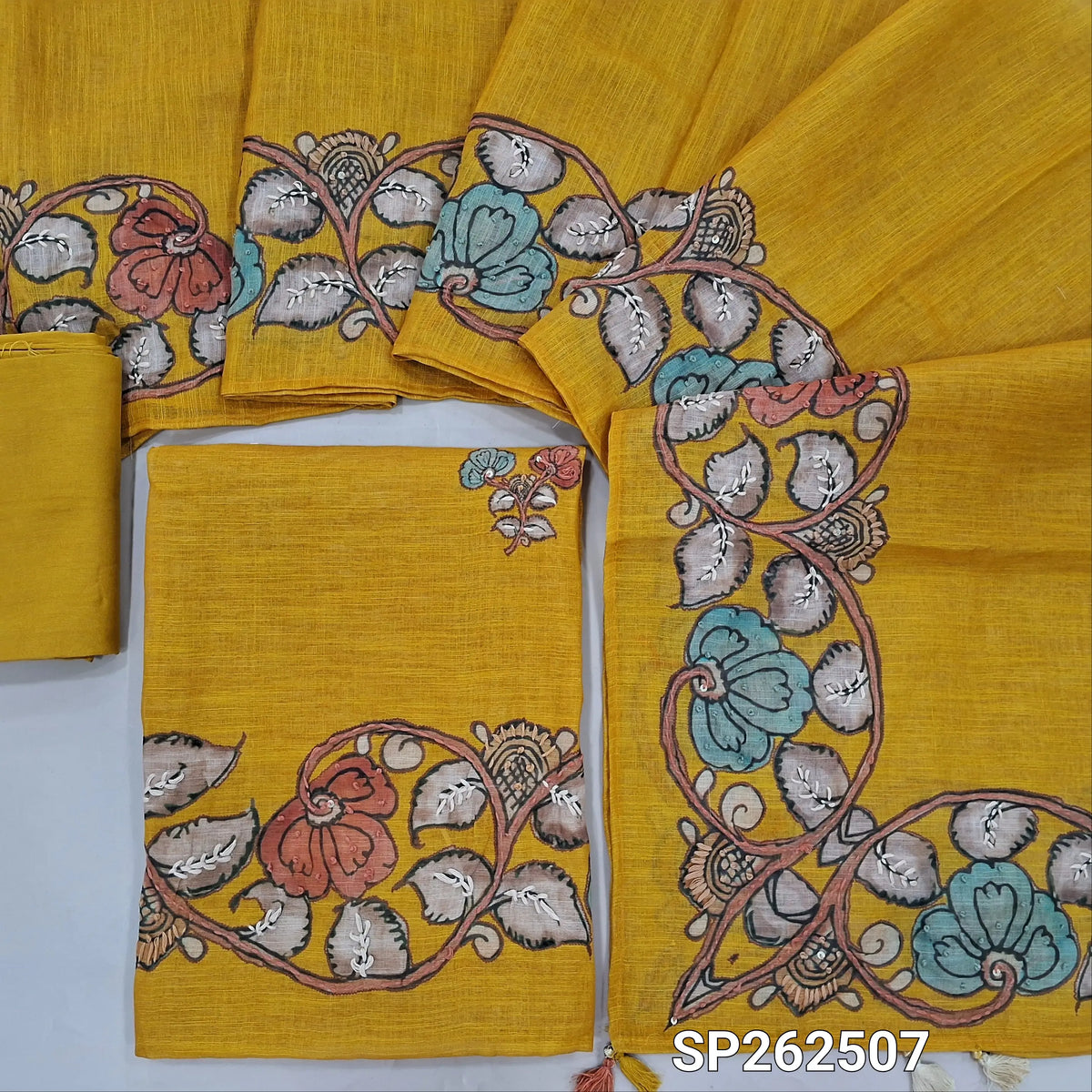 Mehandhi yellow premium linen salwar material,floral design with hand embroidery work on front & daman  ( lining needed)santoon bottom, linen dupatta with hand embroidery & floral borders. SP262507
