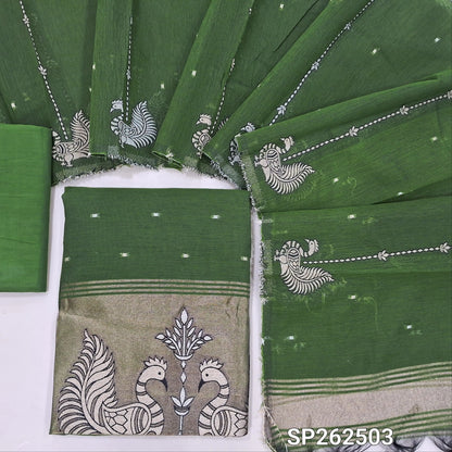 Leafy green Soft silk cotton unstitched salwar material, zari woven buttas all over, gold tissue daman with peacock weaving (Thin, Lining Needed)matching silky bottom, silk cotton dupatta with zari weaving (TAPINGS NEEDED) SP262503