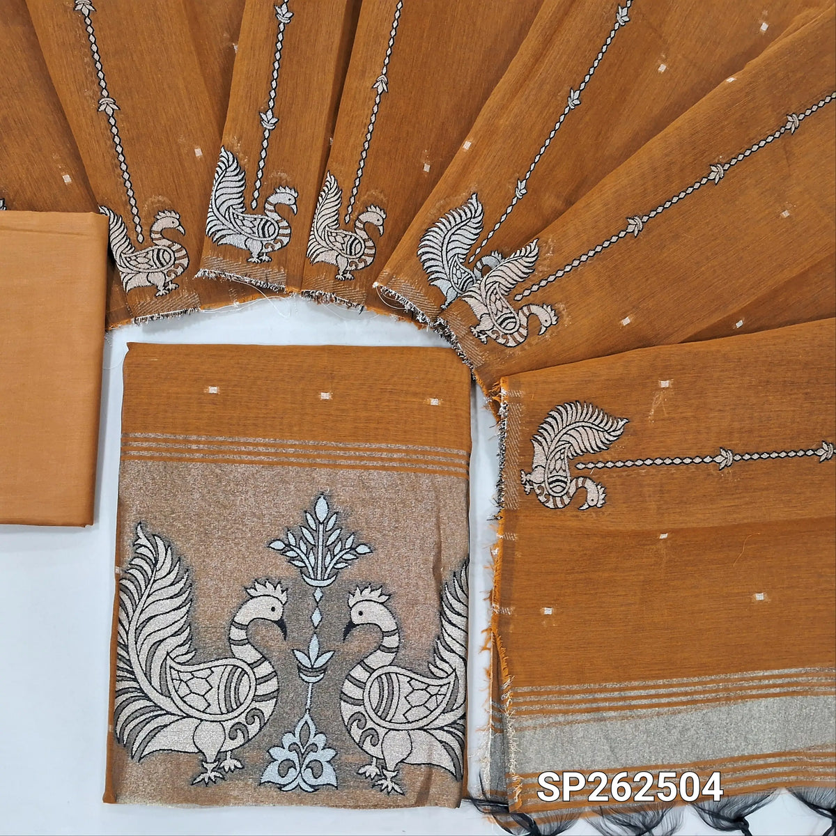 Mehandhi yellow Soft silk cotton unstitched salwar material, zari woven buttas all over, gold tissue daman with peacock weaving (Thin, Lining Needed)matching silky bottom, silk cotton dupatta with zari weaving (TAPINGS NEEDED) SP262504