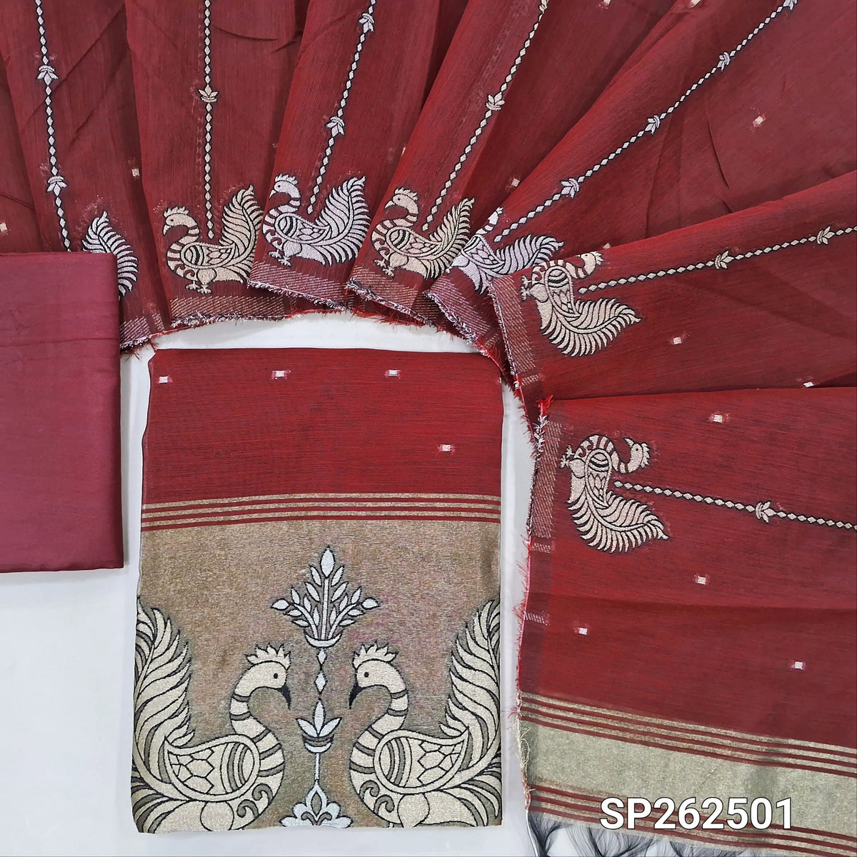 Maroon Soft silk cotton unstitched salwar material, zari woven buttas all over, gold tissue daman with peacock weaving (Thin, Lining Needed)matching silky bottom, silk cotton dupatta with zari weaving (TAPINGS NEEDED) SP262501