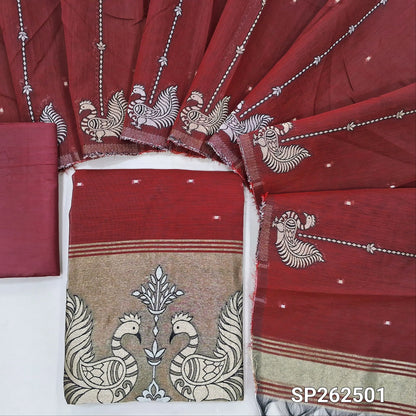 Maroon Soft silk cotton unstitched salwar material, zari woven buttas all over, gold tissue daman with peacock weaving (Thin, Lining Needed)matching silky bottom, silk cotton dupatta with zari weaving (TAPINGS NEEDED) SP262501