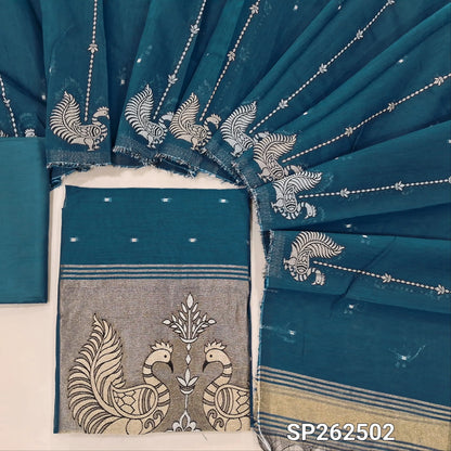 Teal blue Soft silk cotton unstitched salwar material, zari woven buttas all over, gold tissue daman with peacock weaving (Thin, Lining Needed)matching silky bottom, silk cotton dupatta with zari weaving (TAPINGS NEEDED) SP262502