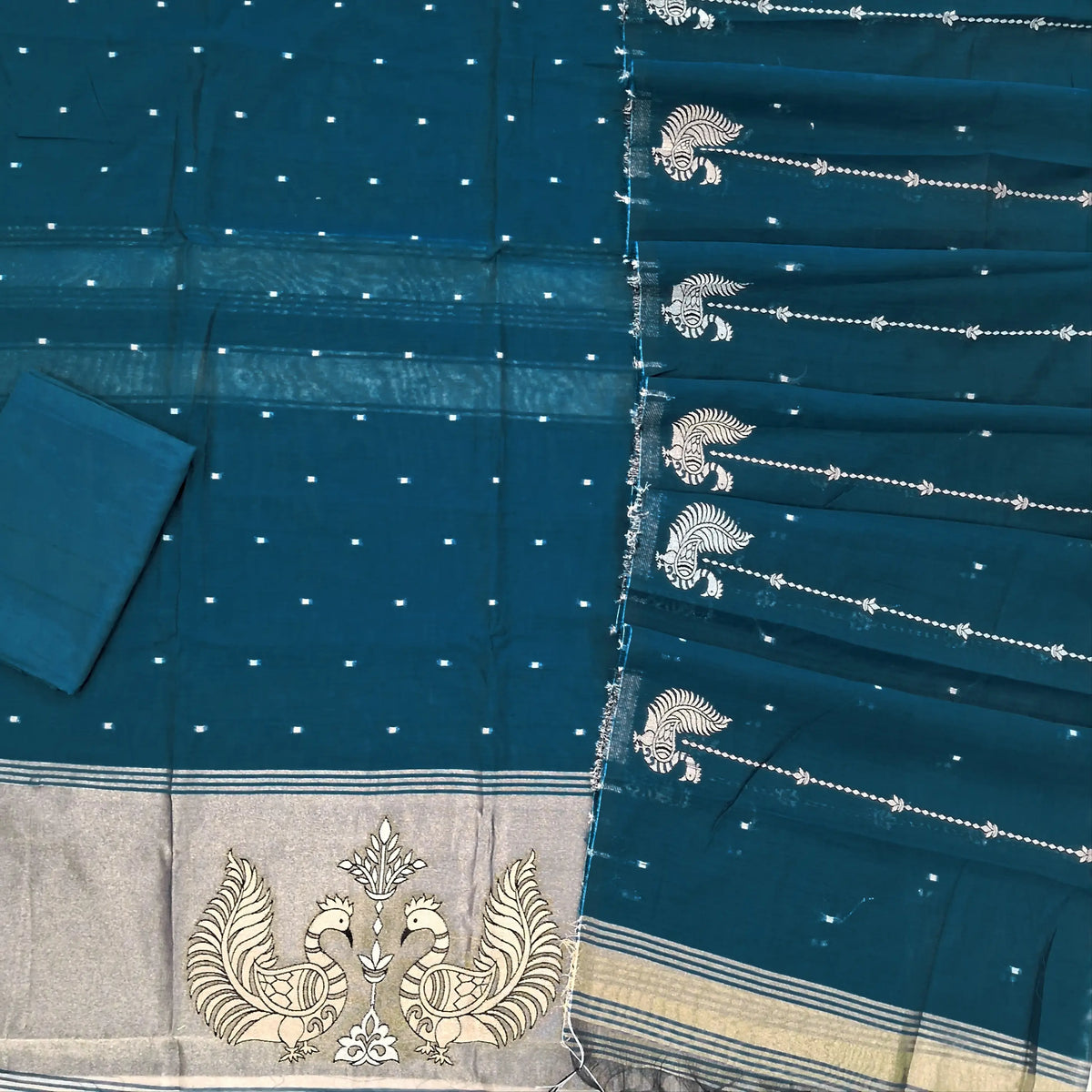Teal blue Soft silk cotton unstitched salwar material, zari woven buttas all over, gold tissue daman with peacock weaving (Thin, Lining Needed)matching silky bottom, silk cotton dupatta with zari weaving (TAPINGS NEEDED) SP262502