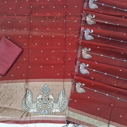 Maroon Soft silk cotton unstitched salwar material, zari woven buttas all over, gold tissue daman with peacock weaving (Thin, Lining Needed)matching silky bottom, silk cotton dupatta with zari weaving (TAPINGS NEEDED) SP262501