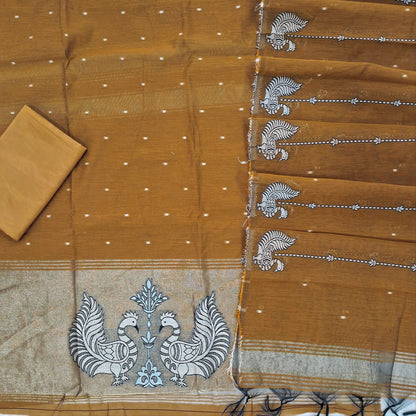 Mehandhi yellow Soft silk cotton unstitched salwar material, zari woven buttas all over, gold tissue daman with peacock weaving (Thin, Lining Needed)matching silky bottom, silk cotton dupatta with zari weaving (TAPINGS NEEDED) SP262504