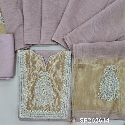 Mauve silk cotton unstitched salwar material,tissue fabric on yoke with zarodzi and sequins work, zari buttas all over,(Thin, Lining Needed)spun cotton bottom,silk cotton dupatta with rich pallu. SP262614