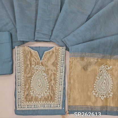 Blueish grey silk cotton unstitched salwar material,tissue fabric on yoke with zarodzi and sequins work, zari buttas all over,(Thin, Lining Needed)spun cotton bottom,silk cotton dupatta with rich pallu. SP262613