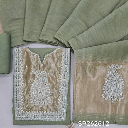 Sage green silk cotton unstitched salwar material,tissue fabric on yoke with zarodzi and sequins work, zari buttas all over,(Thin, Lining Needed)spun cotton bottom,silk cotton dupatta with rich pallu. SP262612