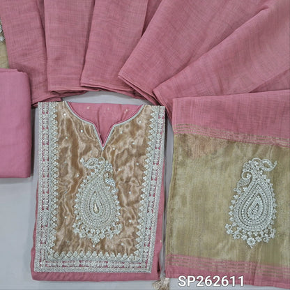 Pastel pink silk cotton unstitched salwar material,tissue fabric on yoke with zarodzi and sequins work, zari buttas all over,(Thin, Lining Needed)spun cotton bottom,silk cotton dupatta with rich pallu. SP262611