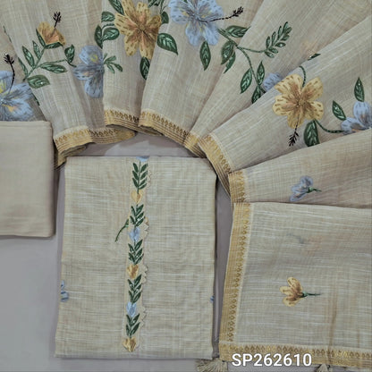 Rich beige with golden tint pure tissue linen unstitched salwar material,printed yoke with hand embroidery, brush paint on front, (lining needed)santoon bottom,(GREY)brush painted and hand embroidery on  tissue linen dupatta with zari borders. SP262610
