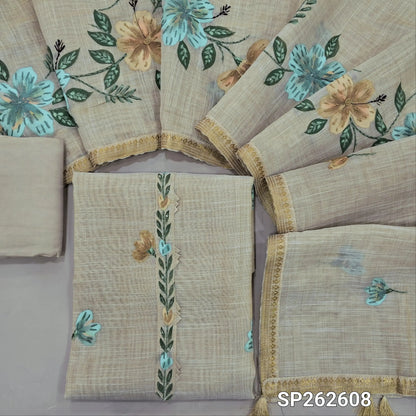 Rich beige with golden tint pure tissue linen unstitched salwar material,printed yoke with hand embroidery, brush paint on front, (lining needed)santoon bottom,(BLUE)brush painted and hand embroidery on  tissue linen dupatta with zari borders. SP262608