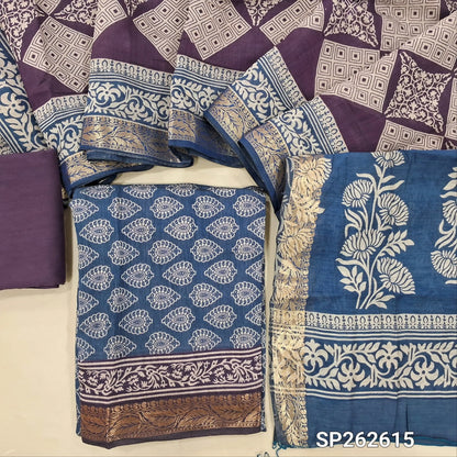 Blue printed silk cotton unstitched salwar material,contrast borders with zari weaving (lining needed)purple cotton bottom,dual shaded printed full length silk cotton dupatta with zari woven borders. SP262615