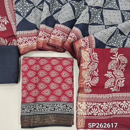 Maroon printed silk cotton unstitched salwar material,contrast borders with zari weaving (lining needed)dark blue cotton bottom,dual shaded printed full length silk cotton dupatta with zari woven borders. SP262617