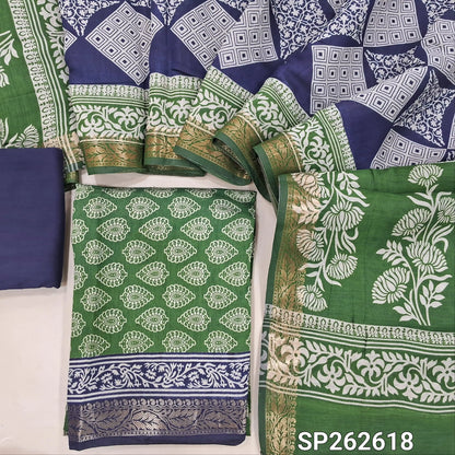 Leafy green printed silk cotton unstitched salwar material,contrast borders with zari weaving (lining needed)blue cotton bottom,dual shaded printed full length silk cotton dupatta with zari woven borders. SP262618