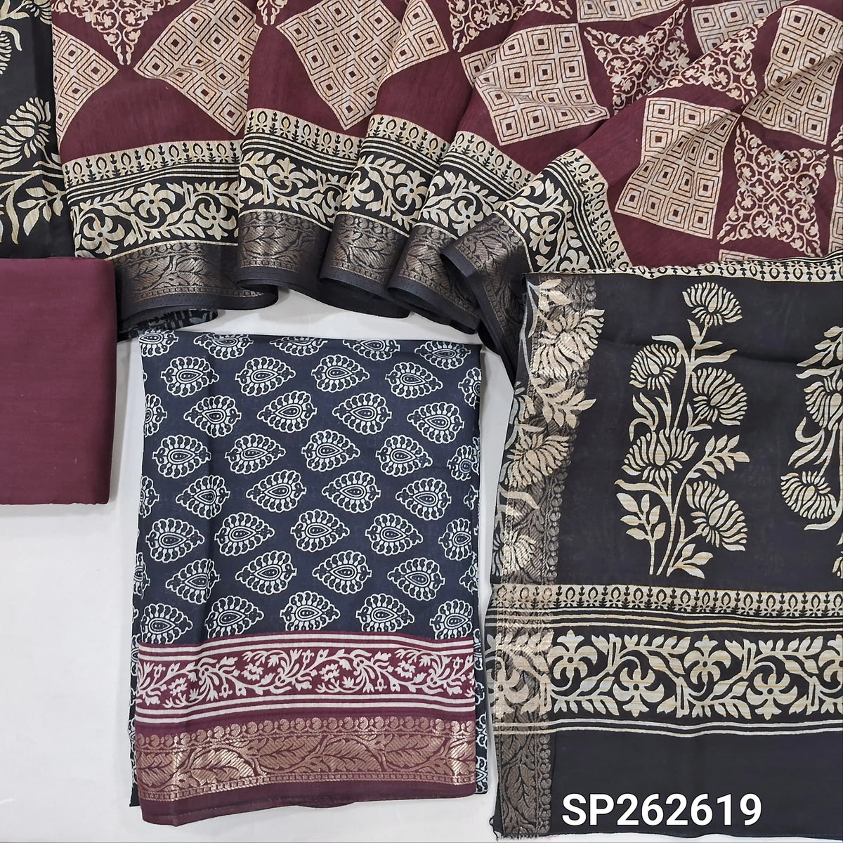 Black printed silk cotton unstitched salwar material,contrast borders with zari weaving (lining needed)maroon cotton bottom,dual shaded printed full length silk cotton dupatta with zari woven borders. SP262619