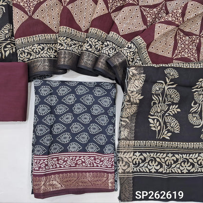 Black printed silk cotton unstitched salwar material,contrast borders with zari weaving (lining needed)maroon cotton bottom,dual shaded printed full length silk cotton dupatta with zari woven borders. SP262619