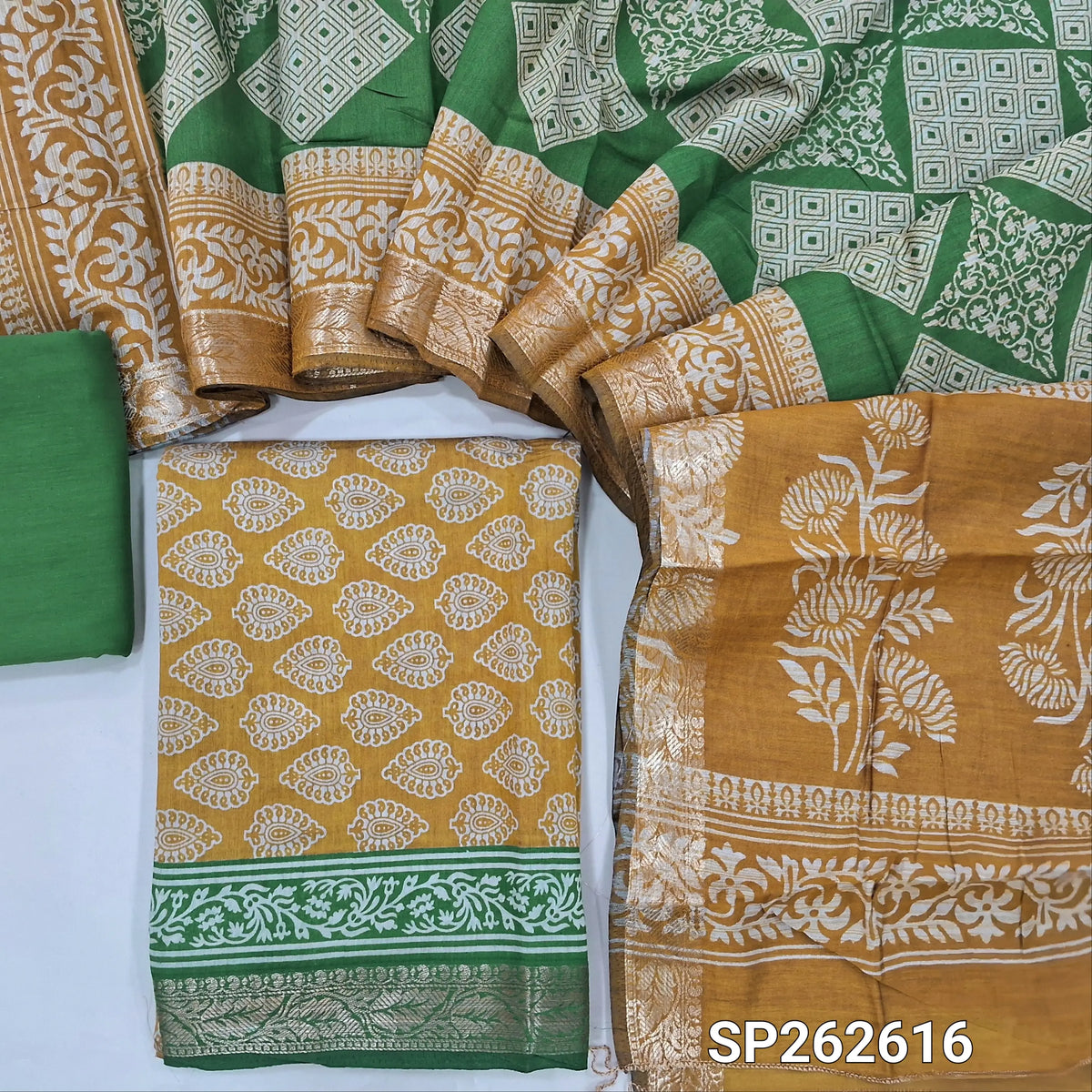 Mehandhi yellow printed silk cotton unstitched salwar material,contrast borders with zari weaving (lining needed)leafy green cotton bottom,dual shaded printed full length silk cotton dupatta with zari woven borders. SP262616