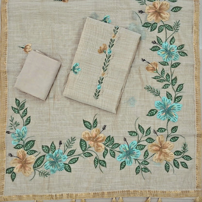 Rich beige with golden tint pure tissue linen unstitched salwar material,printed yoke with hand embroidery, brush paint on front, (lining needed)santoon bottom,(BLUE)brush painted and hand embroidery on  tissue linen dupatta with zari borders. SP262608