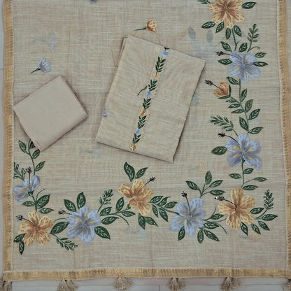 Rich beige with golden tint pure tissue linen unstitched salwar material,printed yoke with hand embroidery, brush paint on front, (lining needed)santoon bottom,(GREY)brush painted and hand embroidery on  tissue linen dupatta with zari borders. SP262610