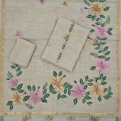Rich beige with golden tint pure tissue linen unstitched salwar material,printed yoke with hand embroidery, brush paint on front, (lining needed)santoon bottom,(PINK)brush painted and hand embroidery on  tissue linen dupatta with zari borders. SP262609