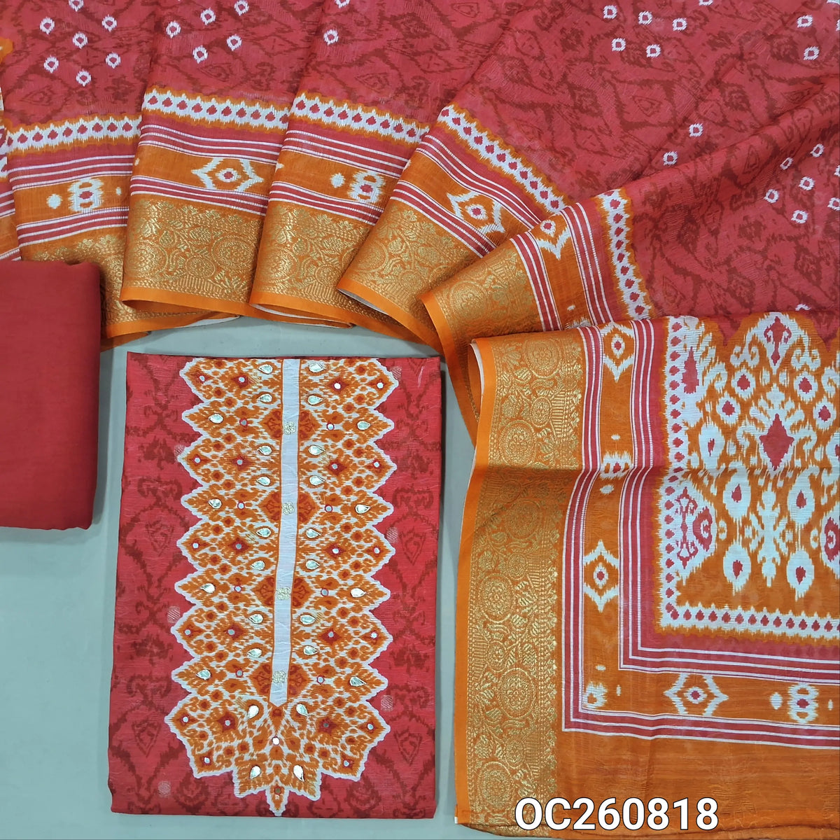 Pink jakard silk cotton unstitched salwar material,contrast yoke with zardozi, printed with self design all over,printed daman,(lining needed)orange spun cotton bottom, bandhini printed jakard silk cotton dupatta with rich zari woven borders. OC260818