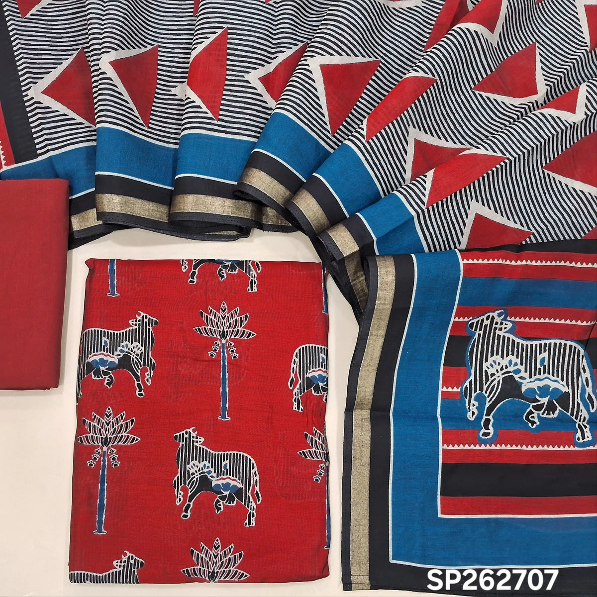 Reddish maroon silk cotton unstitched salwar material,pichwai printed all over,(lining needed)cotton bottom,printed full length silk cotton dupatta with pallu & zari borders. SP262707