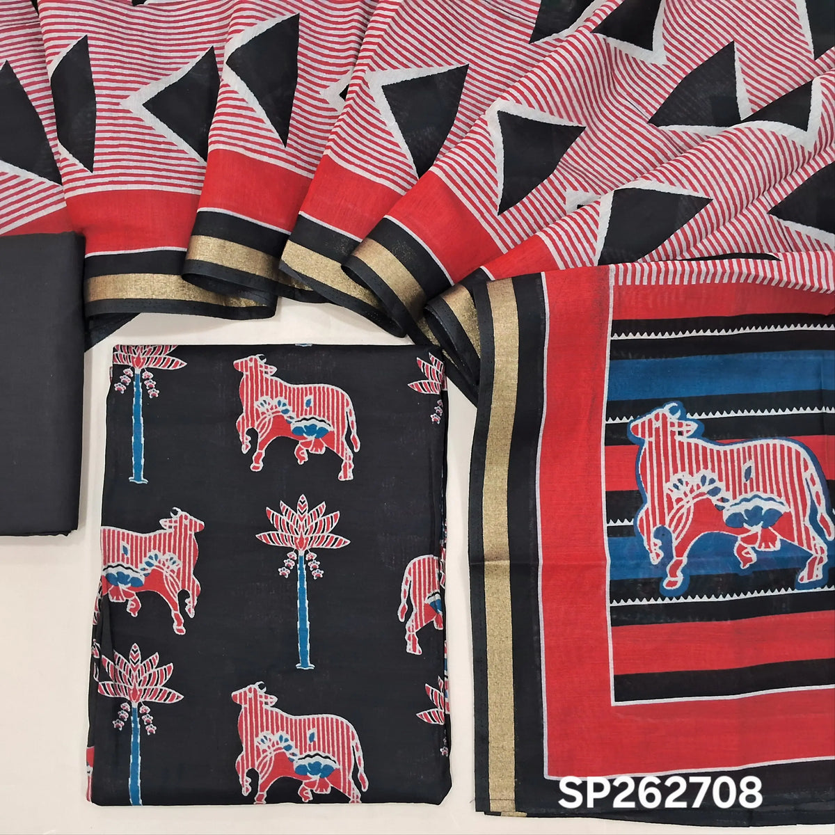 Black silk cotton unstitched salwar material,pichwai printed all over,(lining needed)cotton bottom,printed full length silk cotton dupatta with pallu & zari borders. SP262708
