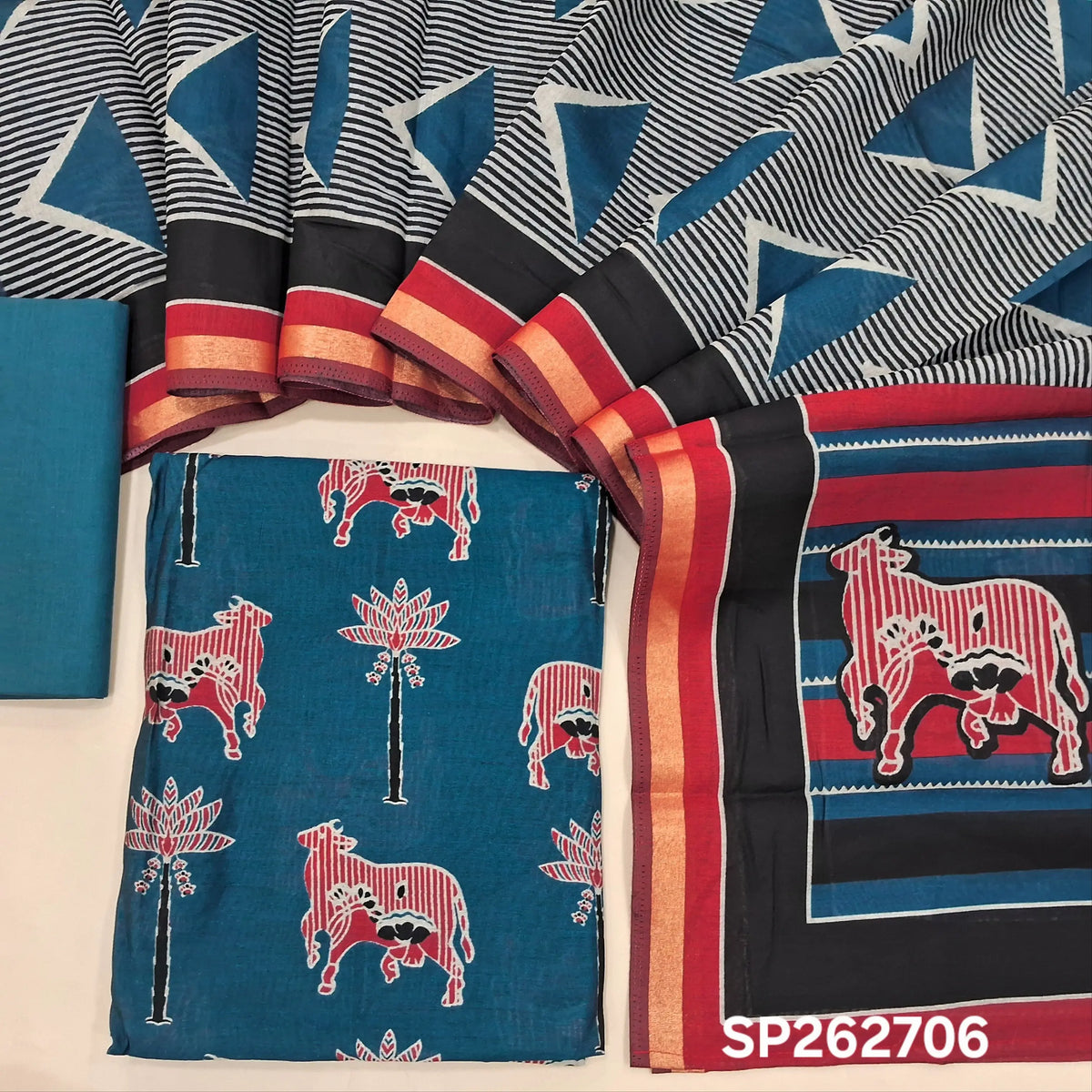 Dark blue silk cotton unstitched salwar material,pichwai printed all over,(lining needed)cotton bottom,printed full length silk cotton dupatta with pallu & zari borders. SP262706