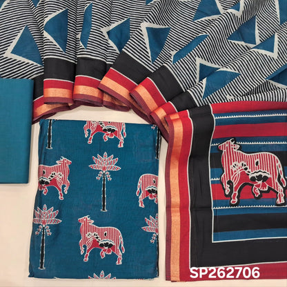 Dark blue silk cotton unstitched salwar material,pichwai printed all over,(lining needed)cotton bottom,printed full length silk cotton dupatta with pallu & zari borders. SP262706