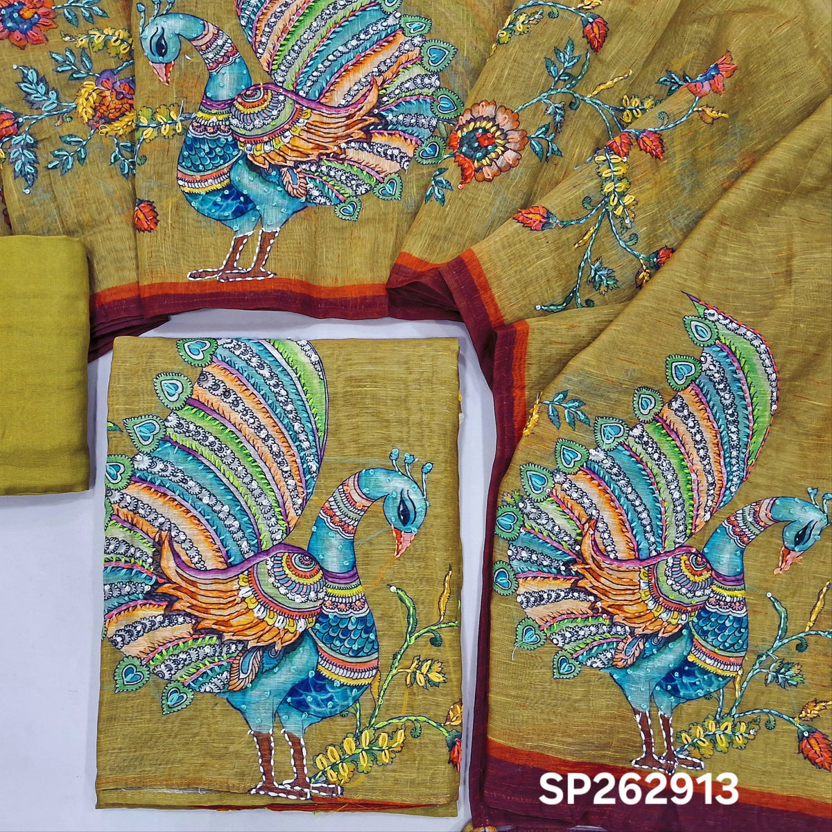Mehandhi green premium linen salwar material,embroidery on yoke,kalamkari printed with embroidery on damn,(textured, lining needed)santoon bottom,digital printed with hand embroidery on  linen dupatta. SP262913