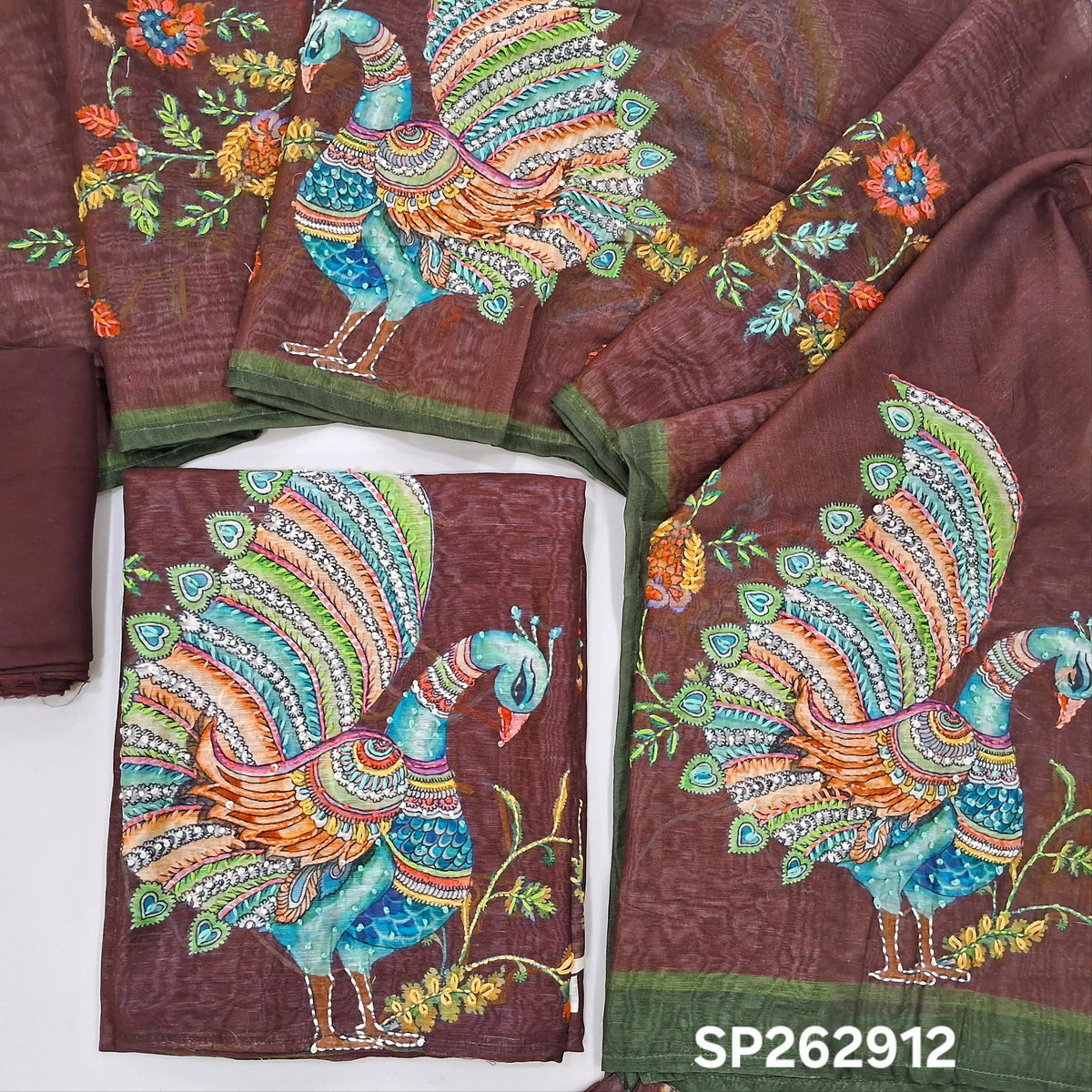Dark maroon premium linen salwar material,embroidery on yoke,kalamkari printed with embroidery on damn,(textured, lining needed)santoon bottom,digital printed with hand embroidery on  linen dupatta. SP262912