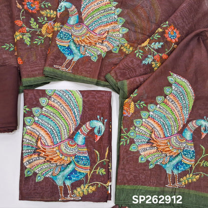Dark maroon premium linen salwar material,embroidery on yoke,kalamkari printed with embroidery on damn,(textured, lining needed)santoon bottom,digital printed with hand embroidery on  linen dupatta. SP262912