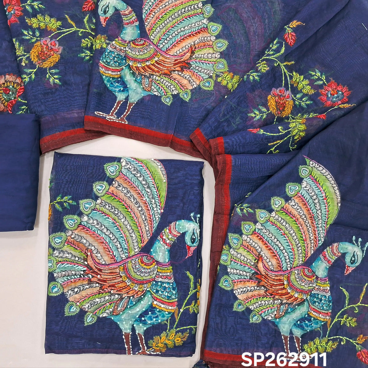 Dark blue premium linen salwar material,embroidery on yoke,kalamkari printed with embroidery on damn,(textured, lining needed)santoon bottom,digital printed with hand embroidery on  linen dupatta. SP262911